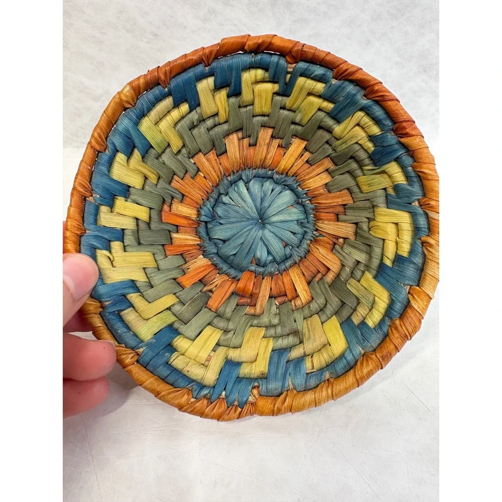 Miniature Handwoven Coiled Basket Bowl Multi Color Boho Decorative Small 4 Inch